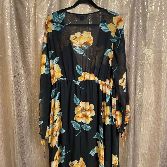 Forever 21 Plus Size Black Golden Yellow Floral Chiffon Maxi Dress 3X - Picture 2 of 10